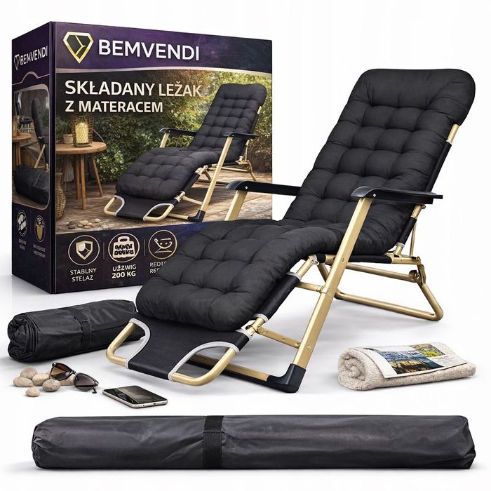 Leżak Ogrodowy Plażowy Składany Turystyczny Grawitacyjny Gruba Poduszka