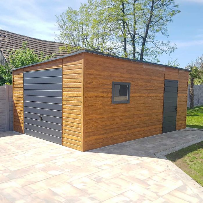 Blaszany garaż 4×6m – złoty dąb jasny/ ciemny grafit matowy