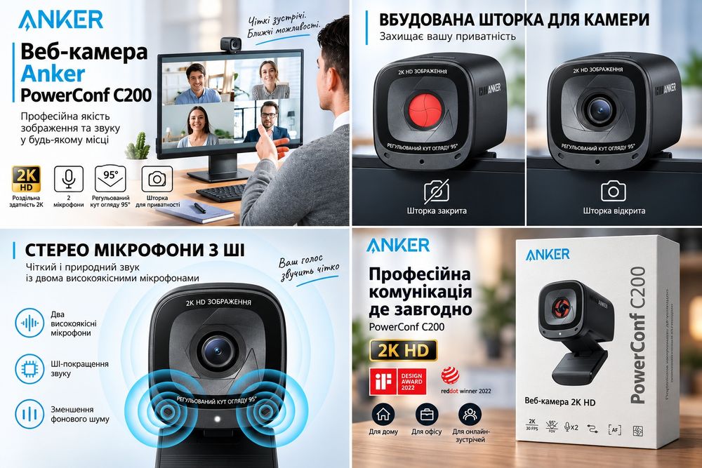 Anker PowerConf C200 веб-камера з 2К HD та двома ШІ-мікрофонами. НОВА!