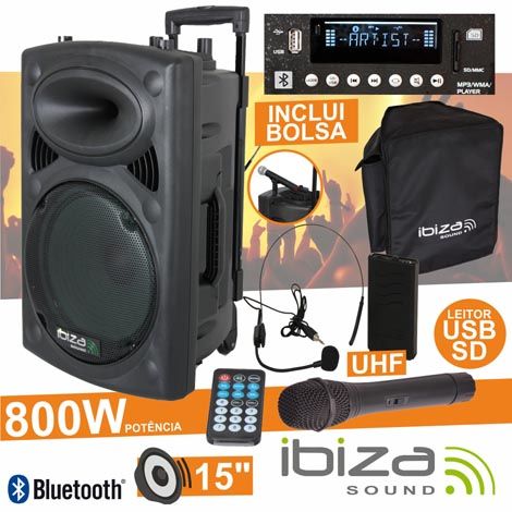 Coluna Amplificada PA Versão Profissional 15″ 800W UHF IBIZA