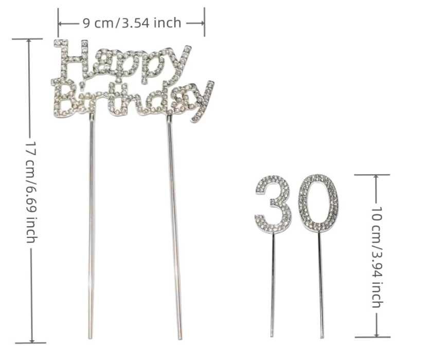 Topper na tort 30 urodziny srebrny kryształki Happy Birthday NOWY