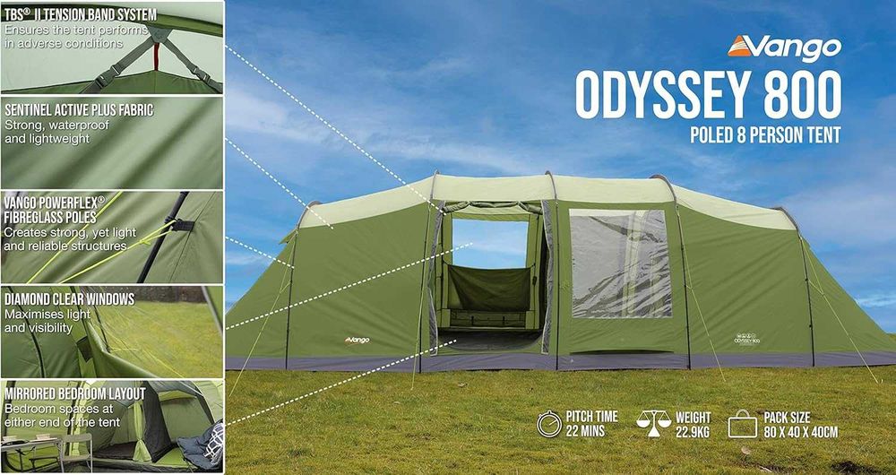 Tenda campismo Vango Odyssey 800 Tent, Quartos para 8x adultos + sala