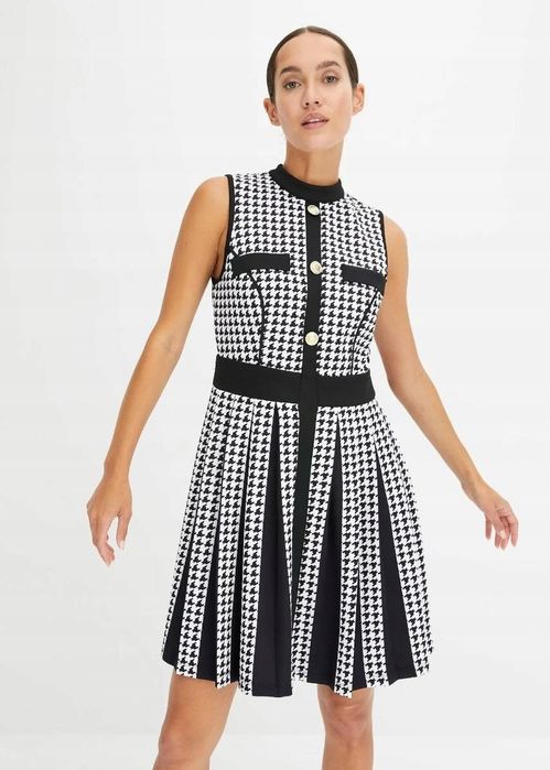 B.P.C sukienka czarno-biała w pepitkę z efektem plisowania 36/38.