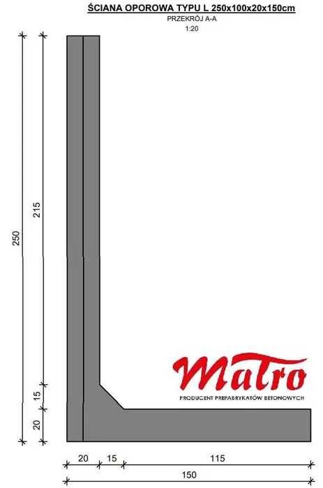 Prefabrykat muru oporowego typu L na zakładkę 250/100/20/150mur mury