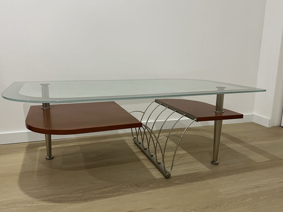 Mesa de centro sala madeira cerejeira vidro e inox