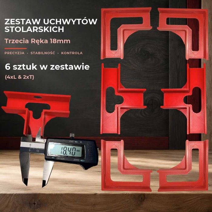 ZESTAW 6x UCHWYTÓW STOLARSKICH "Trzecia Ręka" Płyta 18mm Szablon do korpusów ŚCISK T i L