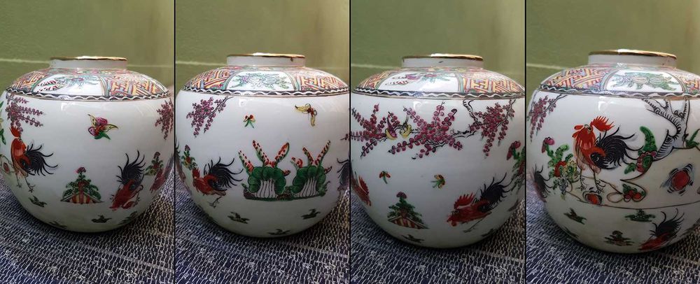 Pote com tampa em porcelana chinesa/Macau com peanha em madeira