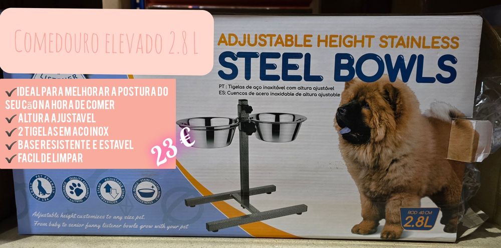 Comedouro elevado com tigelas de aço inox ajustável para cães