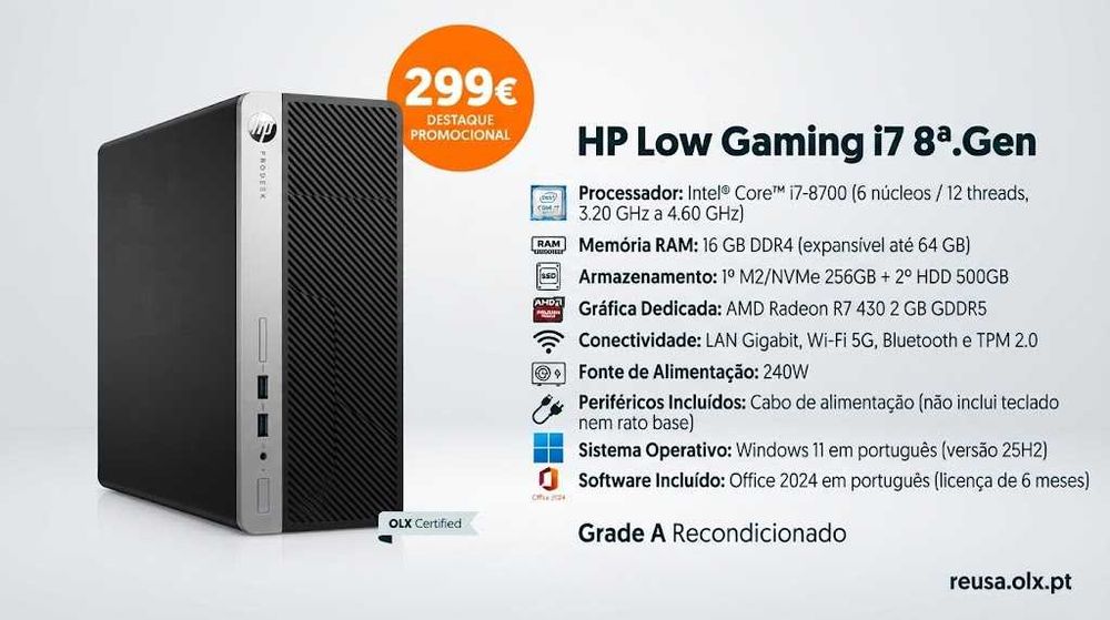 HP Low Gaming i7 8ª.Gen| i7-8700 | 16G-DDr4 | NVMe256 + HDD500 | R7-430-2G | WiFi | W11