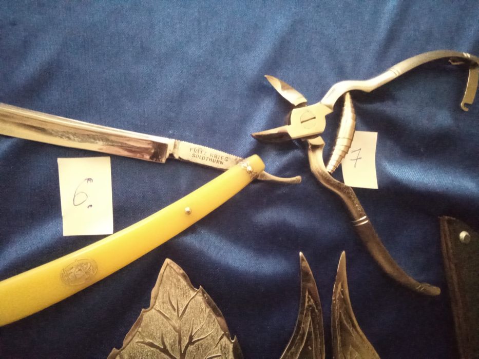 Нож ручной работы, маникюрные щипцы.бритва,булава.