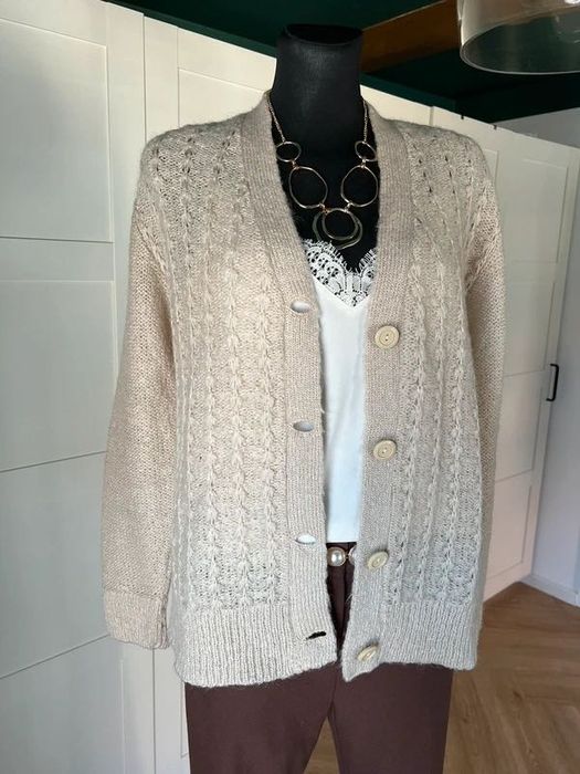 Kremowy beżowy kardigan z dodatkiem wełny moher rozmiar 42 XL