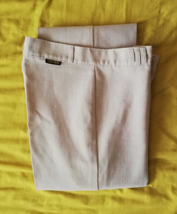 spodnie lniane proste beż w kantkę na wysoką Marshal pas 70cm