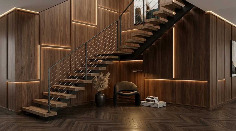 Escada MONO. Estrutura metálica de escada moderna com viga central