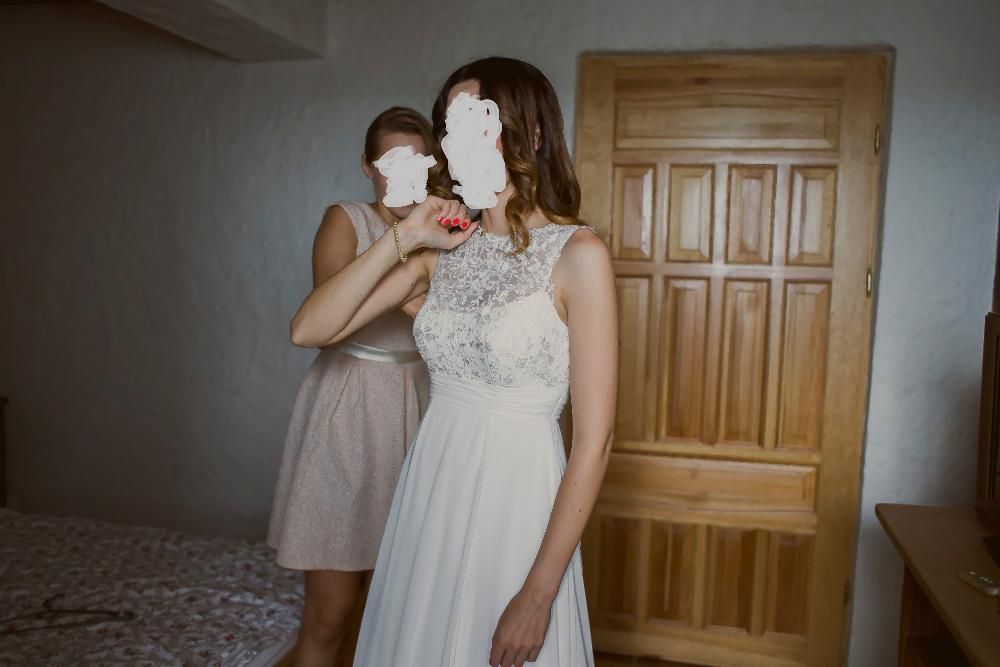 Suknia ślubna z muślinu Maxima S/36 z trenem rustykalna romantyczna