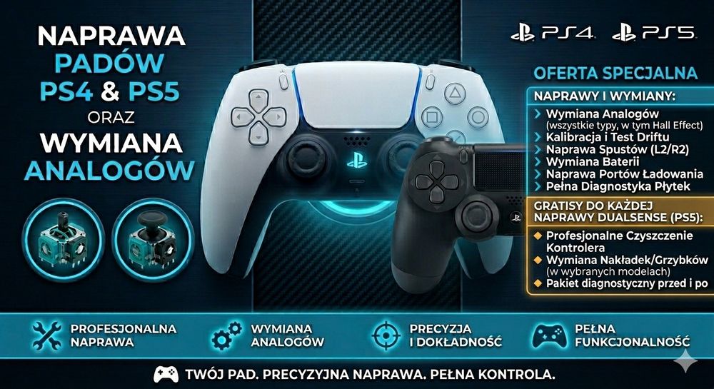 Naprawa Padów PS5 Dualsense/PS4, Wymiana Analogów, Gratisy!