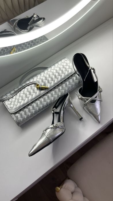 Слінгбеки срібні босоніжки туфлі zara і клатч bugati