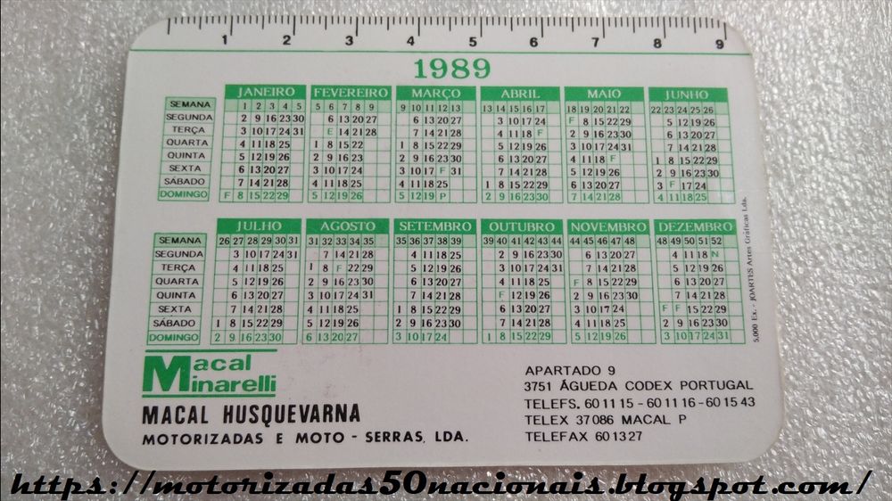 Calendário Macal de 1989 - Macal M86