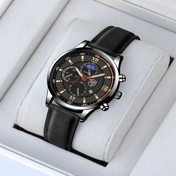 Conjunto de Relógio de Pulso Homem + Pulseira de Couro Quartzo Desport