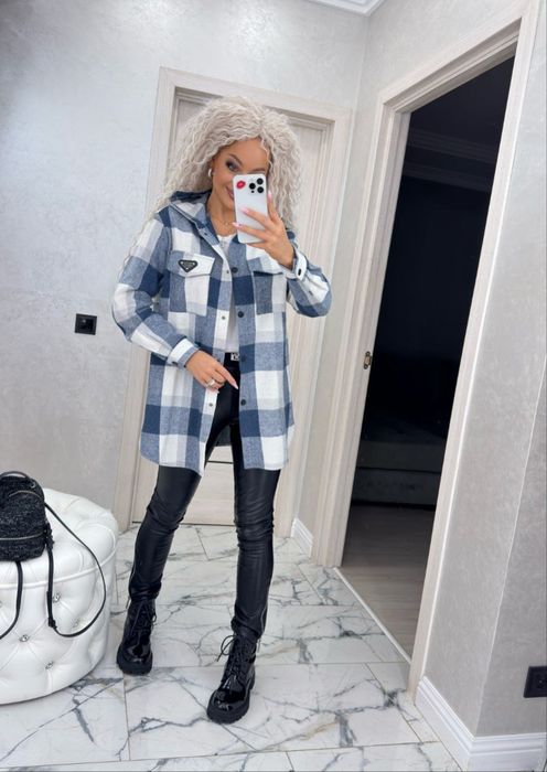 Трендовая рубашка оверсайз в клетку с капюшоном.  42-60р