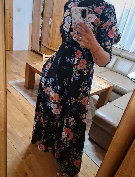 Zara długa maxi koszulowa sukienka w kwiaty M