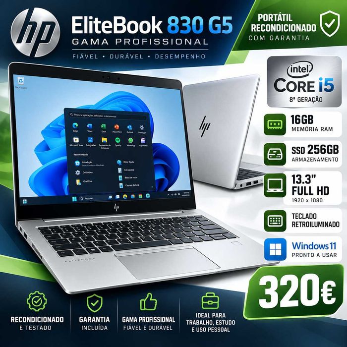 HP EliteBook 830 G5 | Intel Core i5 | 16GB | SSD 256GB | Retro iluminado | Full HD  | Win 11