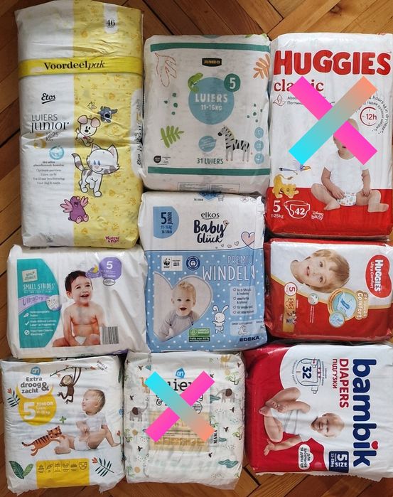 Дитячі підгузки розмір 5,  Huggies, Bambik, Etos, Elkos.