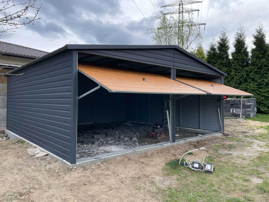 Garaż blaszany 6x6, grafit mat + złoty dąb. PROFIL OCYNKOWANY.