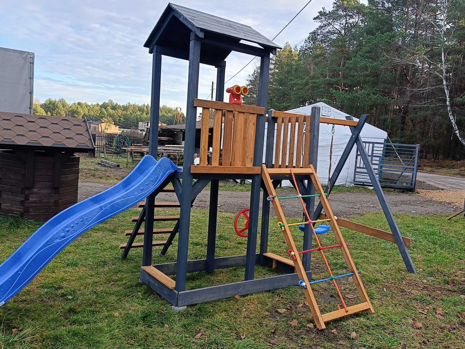 Drewniany plac zabaw, domek, taras, ślizg, huśtawka, piaskownica 14dni