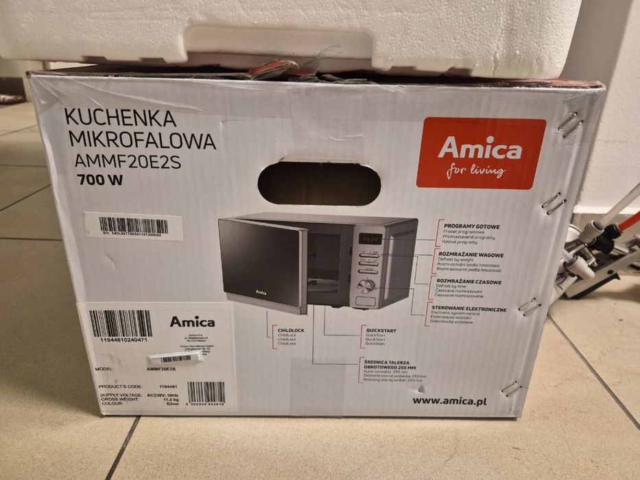 Kuchenka mikrofalowa Amica AMMF20E2S – jak nowa, na gwarancji