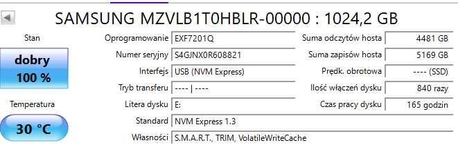 Dysk SSD 1TB Samsung MZVLB1T0HBLR NVMe M.2 - Stan 100% (tylko 165h pracy!)