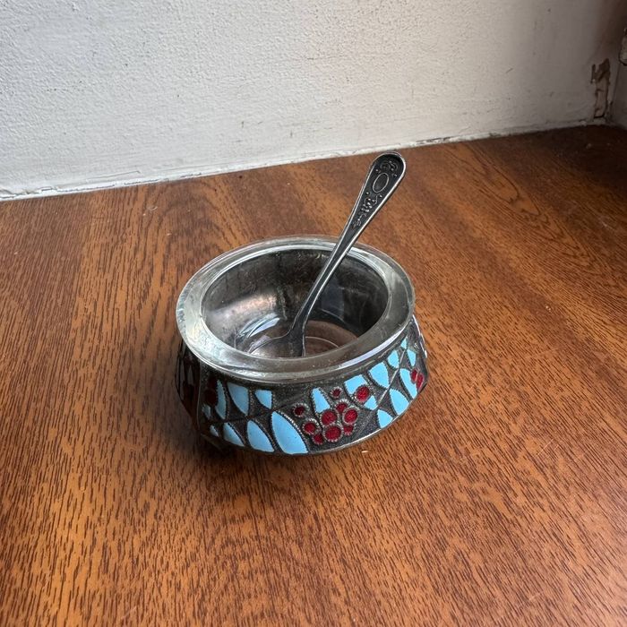 Solniczka Srebrzona emalia z łyżeczką Biomet PRL