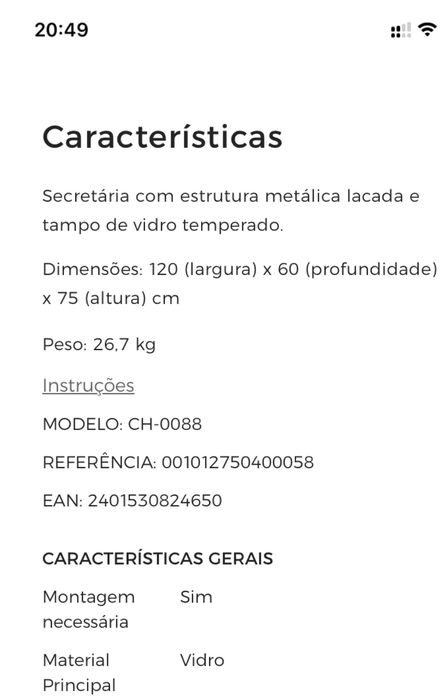 Secretária em Vidro e Metal Nova