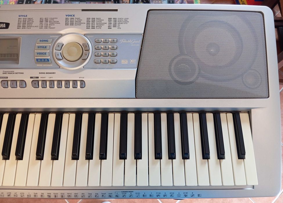 Orgão Yamaha Portable Grand DGX 200 com suporte X, estante e livro.