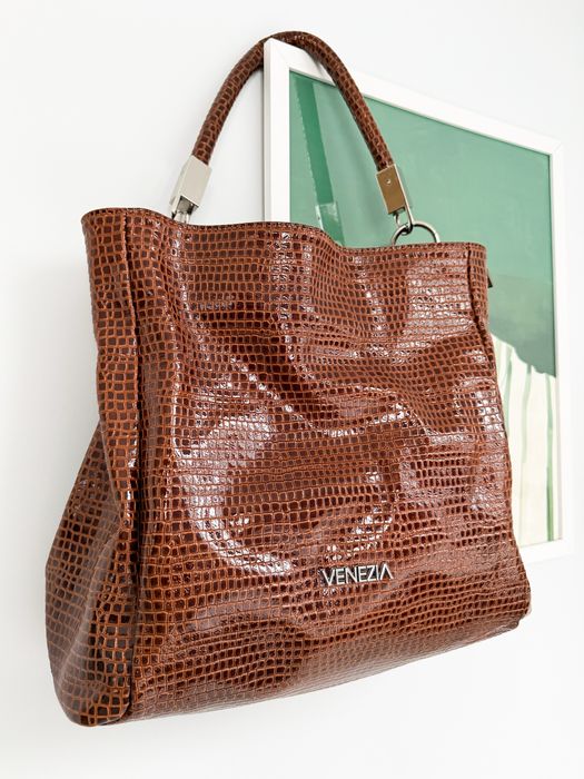 Torebka brązowa skóra Venezia lakierowana shopper bag duża