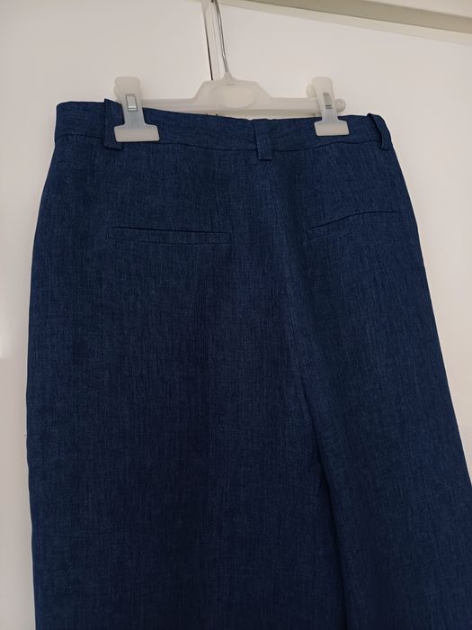 Massimo Dutti lniane spodnie szerokie barrel granatowe niebieskie letnie 100% len