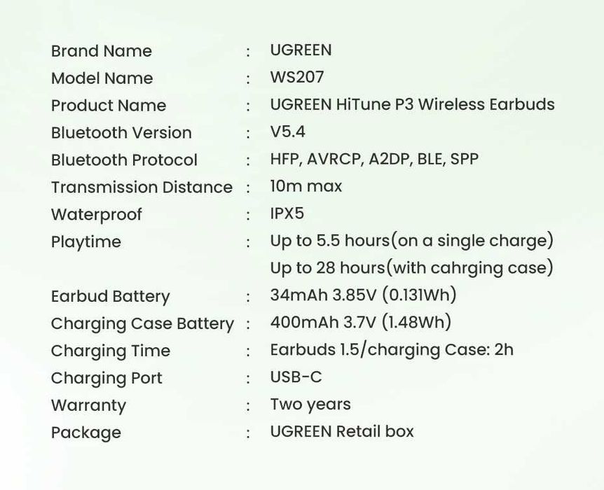 UGREEN Навушники P3 HiTune TWS ENC IPX5 Bluetooth 5.4 0,06s