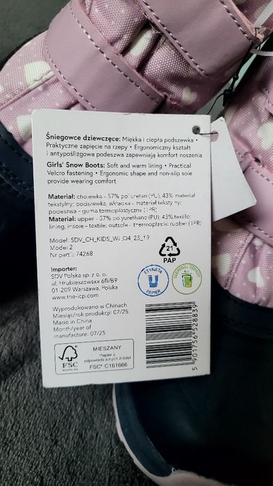 Buty śniegowce zimowe dziewczęce 32