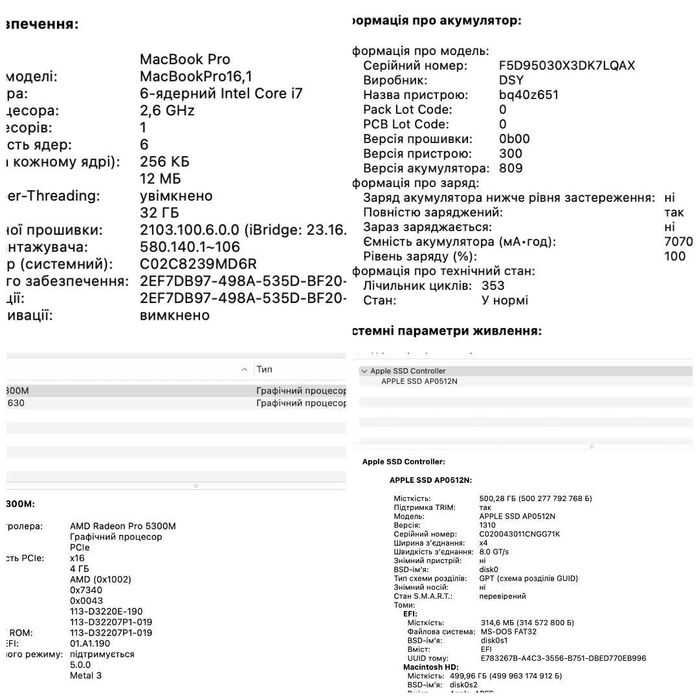 Macbook Pro 16 2019 A2141 i7 (6яд) 32GB 512GB Radeon 4GB батарея 353 цикл идеал