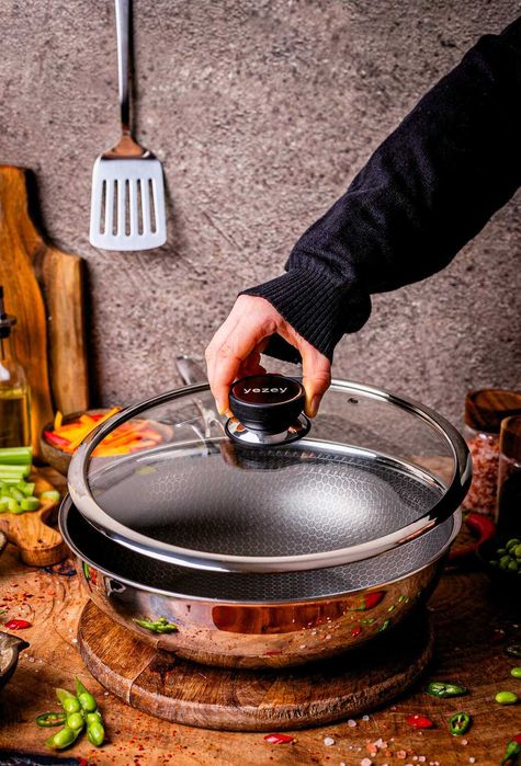 Profesjonalna Patelnia Ceramiczna Wok Indukcja 30 cm z pokrywką Kanso