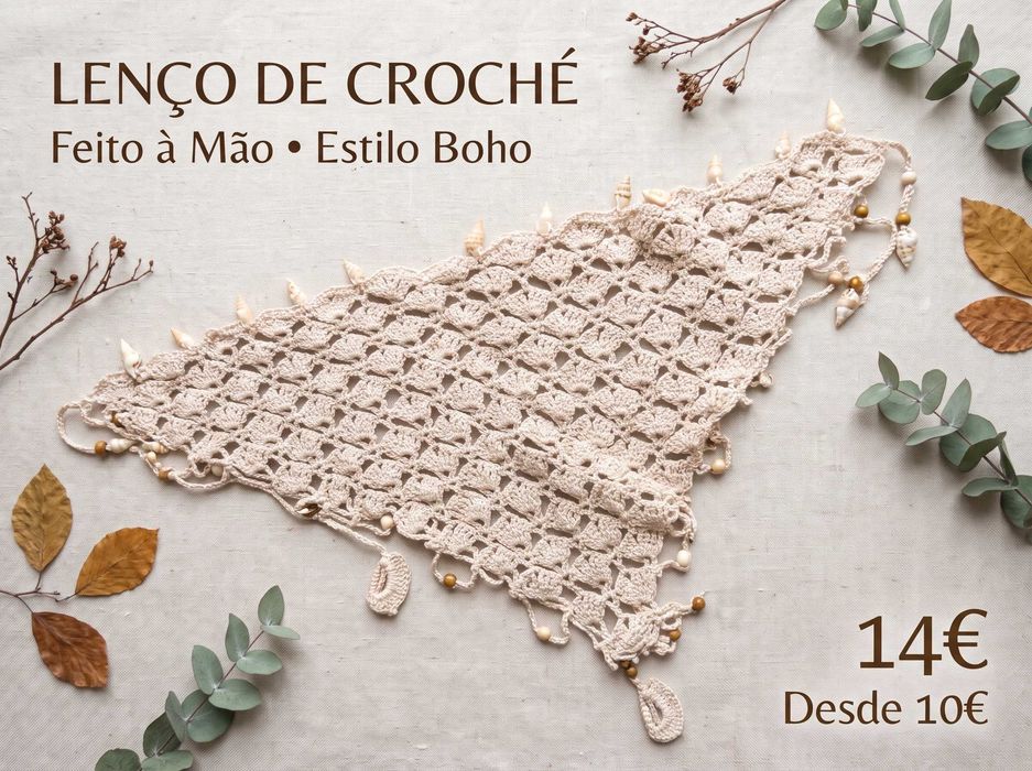 Lenço / Bandana Triangular em Croché com Contas – Artesanal (Várias Cores)