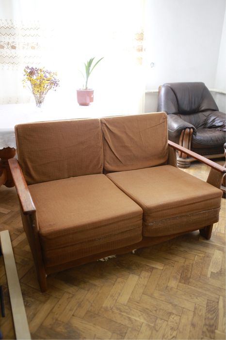 Диван розкладний текстиль + дерево дуб