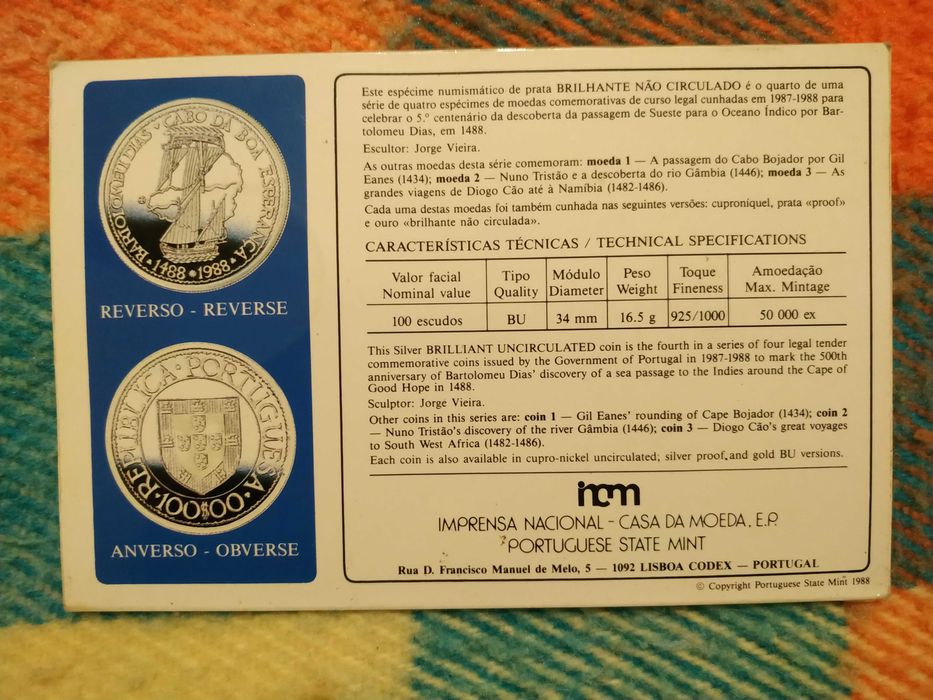 Portugal - moeda em prata de 100 escudos de 1988 Bartolomeu Dias