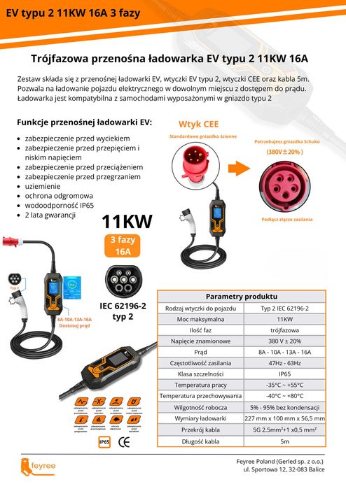 Wallbox FEYREE 11kW Ładowarka do samochodu 3fazowa WiFi type2