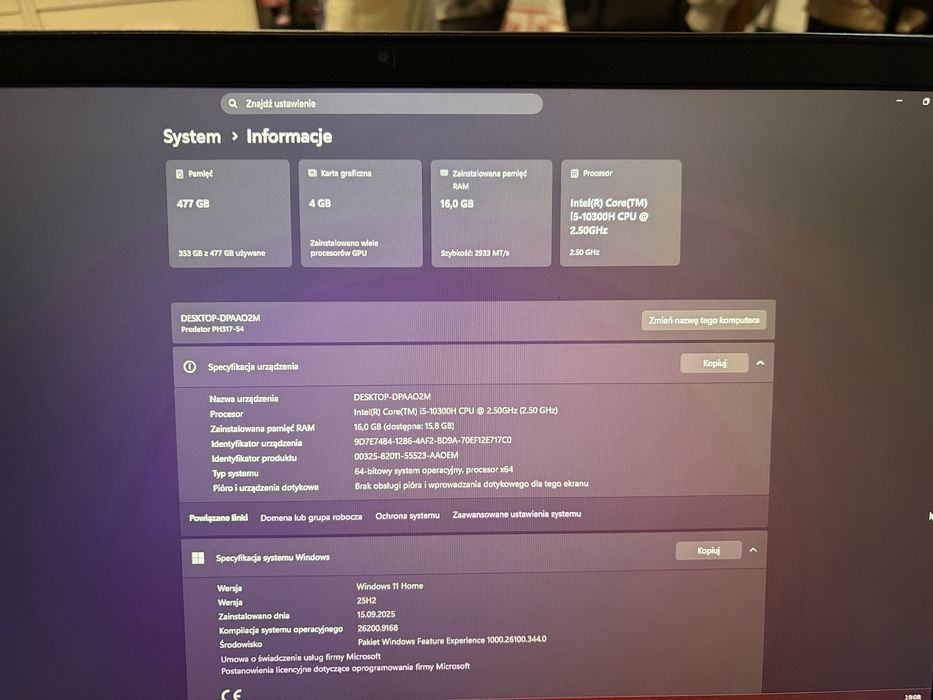 Laptop gamingowy predator helios 300 i5-10300h gtx 1650 ti