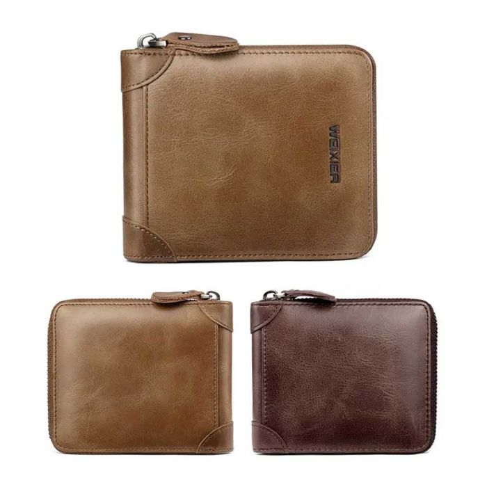 Carteira masculina de couro com zíper, grande capacidade