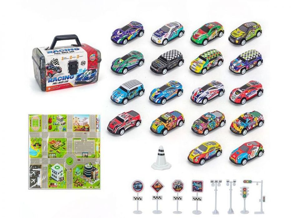 Auta Resoraki 25 Szt. Samochody w kuferku + Podkładka + Akcesoria,