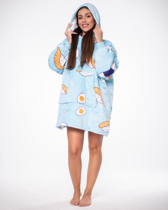 Bluza Koc Kocobluza 2w1 Oversize Kaptur Gruba Sherpa Niebieska w Sushi