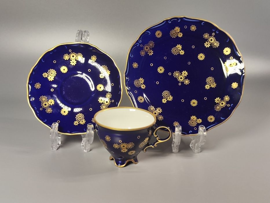 Lichte Fine China trio zestaw śniadaniowy, filiżanka, kobalt NRD / DDR