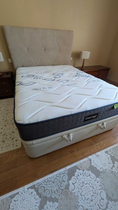 Cama de casal completa: Sommier + colchão + topper + cabeceira
