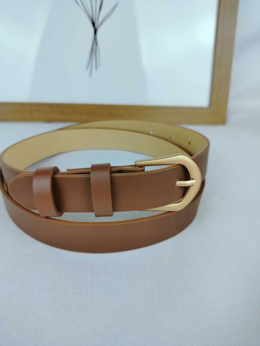 Nowy ciemno brązowy pasek damski z złotą klamrą 100cm